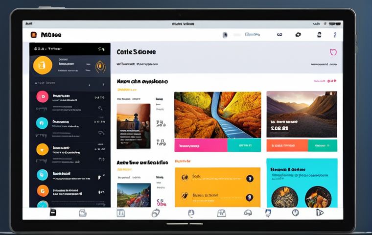 **User-centric UI design concept**: Image showcasing a modern website or app interface with intuitive navigation, vibrant colors, and clear typography, emphasizing ease of use and accessibility. Focus on elements like buttons, icons, and a well-organized layout.