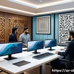 Home 22 생태적 인터페이스의 피어 리뷰 방법 - A modern, collaborative office environment depicting a diverse team of Arab designers and developers...