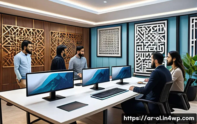 생태적 인터페이스의 피어 리뷰 방법 - A modern, collaborative office environment depicting a diverse team of Arab designers and developers...