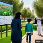 Home 23 생태적 인터페이스의 기술 혁신 사례 - A vibrant urban park in a Middle Eastern city featuring smart interactive touchscreen panels display...