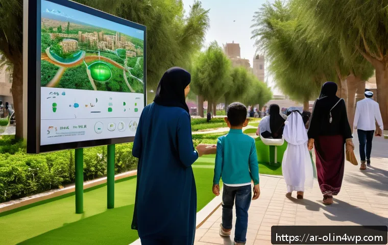 생태적 인터페이스의 기술 혁신 사례 - A vibrant urban park in a Middle Eastern city featuring smart interactive touchscreen panels display...