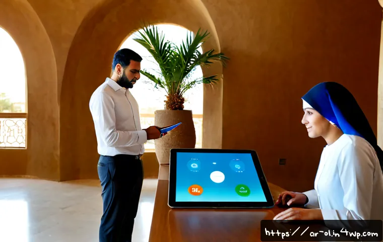 Home 17 생태적 인터페이스와 네트워크 효과 - Photorealistic modern workspace in a sunlit Middle Eastern innovation hub, Arab professionals of mix...